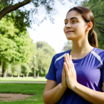 A serene person, fully clothed in modest, comfortable activewear, practicing gentle mindful movement outdoors in a lush, peaceful park with soft natural light filtering through trees. The focus is on holistic well-being and inner peace, not strenuous activity. The scene conveys tranquility and a connection to nature. Professional photography, high quality, perfect anatomy, correct proportions, natural pose, well-formed hands, proper finger count, natural body proportions, safe for work, appropriate content, fully clothed, professional dress, family-friendly.