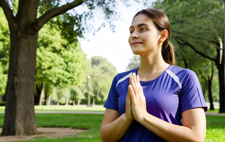 A serene person, fully clothed in modest, comfortable activewear, practicing gentle mindful movement outdoors in a lush, peaceful park with soft natural light filtering through trees. The focus is on holistic well-being and inner peace, not strenuous activity. The scene conveys tranquility and a connection to nature. Professional photography, high quality, perfect anatomy, correct proportions, natural pose, well-formed hands, proper finger count, natural body proportions, safe for work, appropriate content, fully clothed, professional dress, family-friendly.