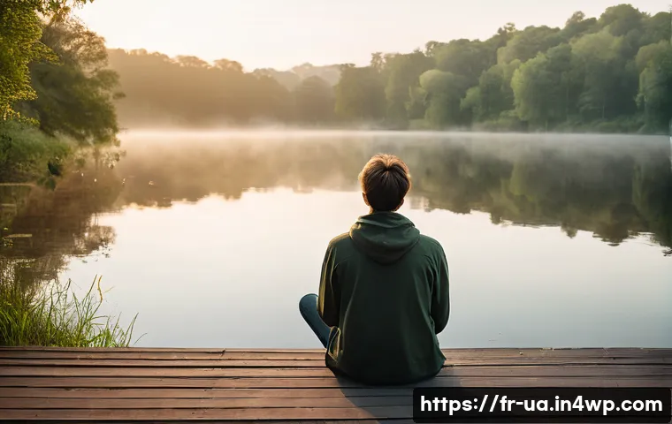 블루 운동 처방의 심리적 이점 - **Prompt:** A serene, wide-angle shot of a young adult (gender neutral) sitting peacefully by the ed...