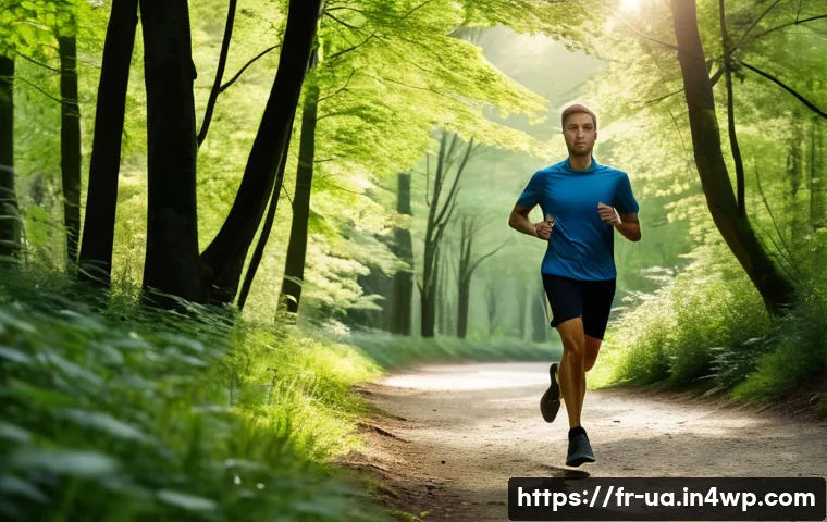 블루 운동 처방과 관련된 유명 인사 이야기 - A serene outdoor scene featuring a young adult jogging along a forest trail in a lush European park ...