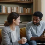 Home 23 블루 운동 처방을 통한 사회적 관계 증진 방법 - A serene and warm indoor scene showing two adults engaged in a deep, authentic conversation in a coz...