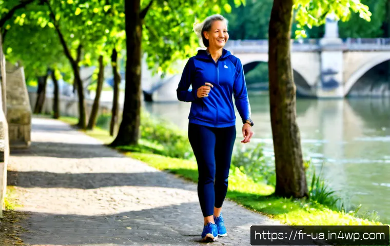 블루 운동 처방의 장기적 이점 - Photorealistic French wellness scene, a cheerful middle-aged woman in modest navy-blue athletic clot...